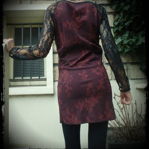 Robe bordeaux , dentelle noire , robe manches longues , robe courte , fait main image 3