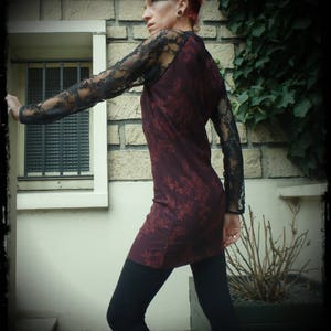 Robe bordeaux , dentelle noire , robe manches longues , robe courte , fait main image 5