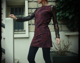 Burgundy dress, black lace, long sleeve dress, short dress, handmade