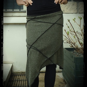 Long skirt, multi-seam skirt, asymmetrical skirt, mesh skirt, khaki, handmade