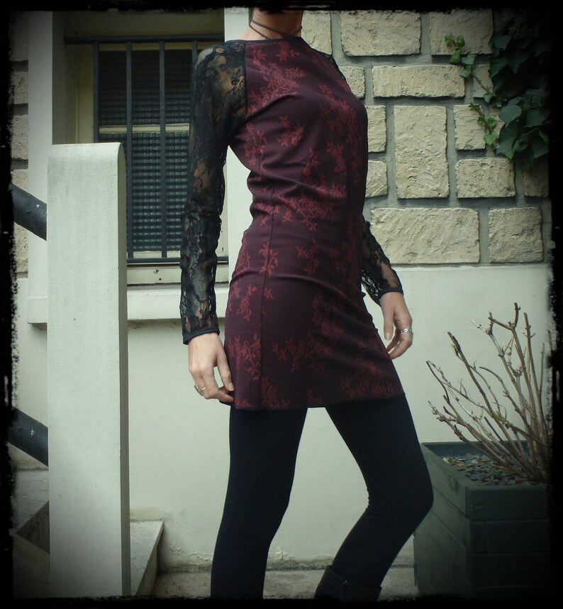 Robe bordeaux , dentelle noire , robe manches longues , robe courte , fait main image 4