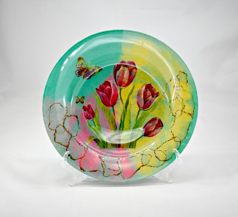 Decoupage glass dish tulips and butterflies/Decoupage on Etsy