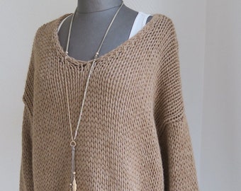 alpaka wolle mix grobstrickpullover v-ausschnitt  lässiger chunky knit oversized pulli camel beige GR:  36-42
