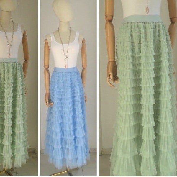 Ruffled tulle skirt in mint green with flounces and stretch waistband, tiered tulle skirt ladies TUTUROCK light green size 34-40