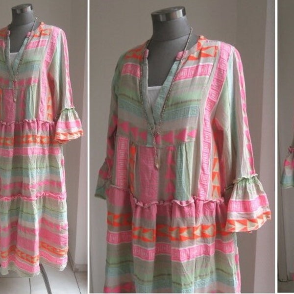 gewebtes Pali Ikat Azteken Maxikleid, Hippie Tunika Kleid aztekisch, Baumwoll Aztekenkleid orange pink hellgrau gr. 38-42