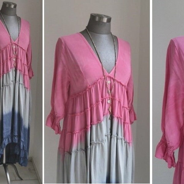 Batik Maxikleid Vokuhila hinten lang Farbverlauf Tunika Boho Kleid, Damen Sommerkleid pink grau blau , gebatiktes Bohokleid gr. 36-40