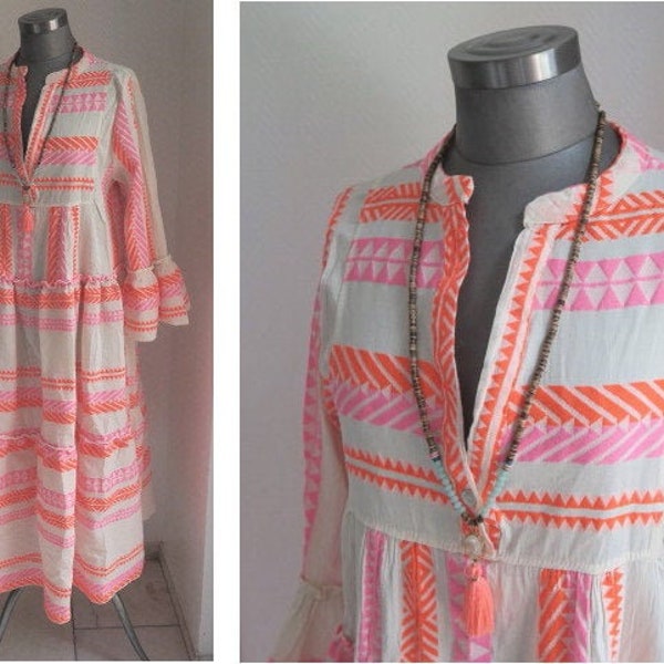 gewebtes Midikleid, Aztekenkleid gewebt Premium Baumwoll Kleid lang, lange Baumwollkleider pink orange cremeweiss gr.38-42