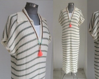 Summer knitted dress with polo collar made of cotton striped dress knitted in beige khaki one size