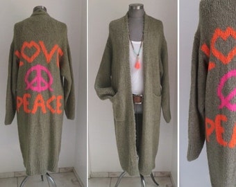 Mohair knit coat Love & Peace wool khaki green with pockets peace sign oversize Gr. 38-44