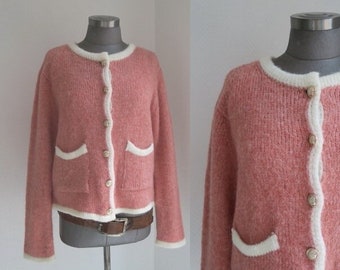 cropped cardigan short with buttons & pockets pink white wool cardigan women's unisize