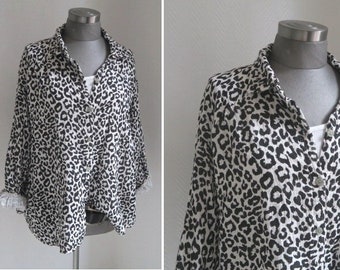 Leo muslin shirt blouse black white short, shirt structured pattern cotton double gauze one size here 38-44