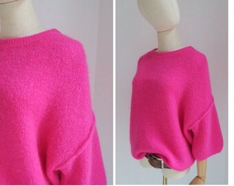 Baby Mohair Pulli Rundhals leuchtendes pink 3/4 Armlänge, Pullover super weich Wolle lässiger oversized Style Gr. 38-44