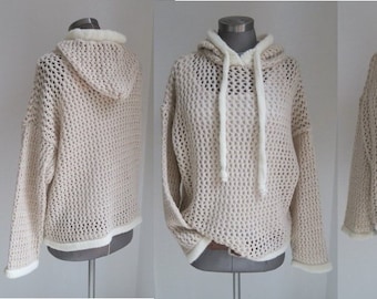 Hoodie Strickpulli Grobstrick Sommerstrick Pullover mit Kapuze Frauen hellbeige Wolle