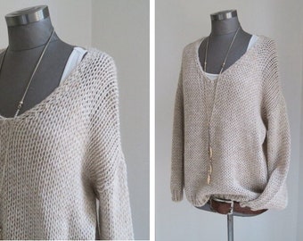 alpaka wolle mix grobstrickpullover v-ausschnitt  lässiger chunky knit oversized pulli WOLLWEISS creme GR:  36-42