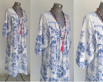 36-42 Kaftan muslin maxi dress cotton floral blue white floral fabric muslin fabric, midi dress with structured pattern double gauze