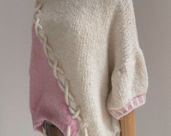 Kurzarm Pulli Rundhals mit Flechtband cremeweiss rosa, Pullover super weich Wolle lässiger oversized Style Gr. 36-42