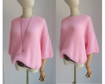 Baby Mohair Pulli Rundhals helles rosa 3/4 Armlänge, Pullover super weich Wolle lässiger oversized Style Gr. 38-44