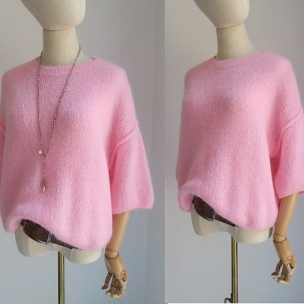 Baby Mohair Pulli Rundhals helles rosa 3/4 Armlänge, Pullover super weich Wolle lässiger oversized Style Gr. 38-44