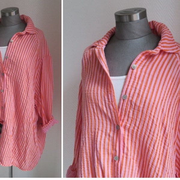 Muslin shirt blouse pink orange striped shirt blouses leggings dress muslin fabric, shirt structured pattern cotton unisize here 38-44