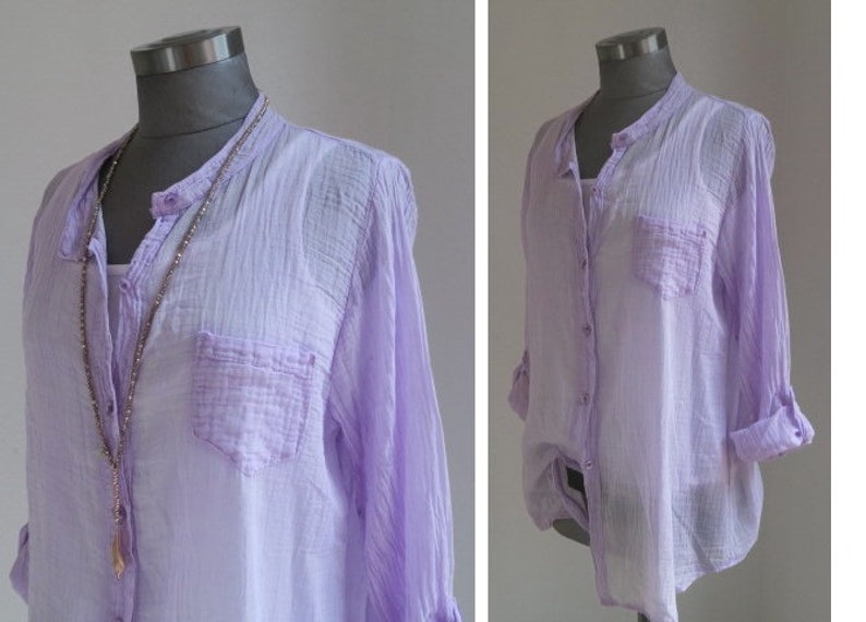 verwaschene transparente hemdbluse cotton, baumwollhemd hauchdünn lässig, roll-up-sleeve damen hemd brusttasche schlammbeige Bild 9