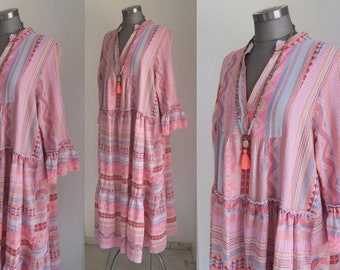 woven Pali Ikat Aztec midi dress pink purple light blue, hippie tunic dress Aztec, cotton Aztec dress size 36-40