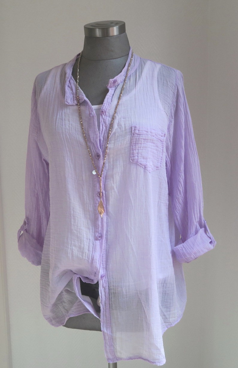 verwaschene transparente hemdbluse cotton, baumwollhemd hauchdünn lässig, roll-up-sleeve damen hemd brusttasche schlammbeige Bild 5
