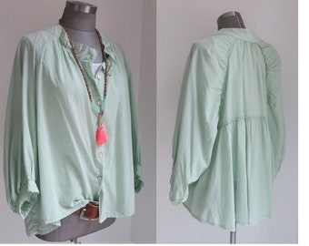 Poplin cotton tunic blouse short mint green made of cotton gathered back