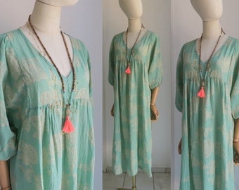 36-42 transparent glitter floral dress in green, delicate, ideal for hot days, beach dress made of cotton