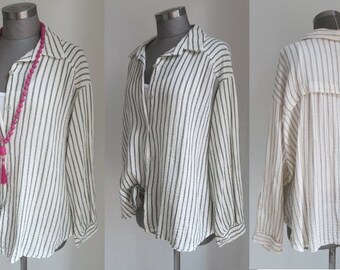 Muslin shirt blouse grey beige striped shirt blouses made of muslin fabric, shirt textured pattern cotton unisize here 36-40