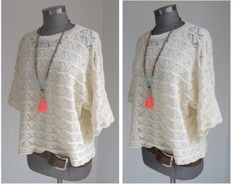 Maglione in cotone all'uncinetto in beige chiaro, lunghezza a 3/4 braccia, in taglia unica