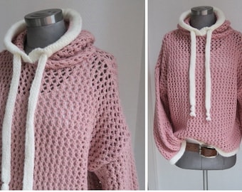 Sweat à capuche pull tricoté grosse maille pull d'été avec capuche femme laine vieux rose