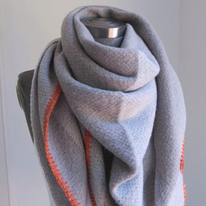 fluffy triangular scarf gray with orange crochet hem, fluffy scarves winter cozy and warm