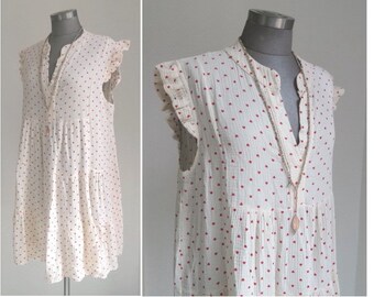cream-colored muslin dress with red hearts, knee-length cotton dress double gauze flounced sleeves, muslin pinafore