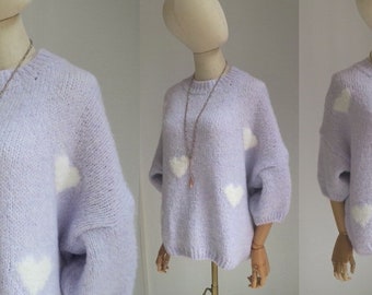 Short-sleeved sweater lilac with white hearts mohair wool sweater oversize SI: 38-44