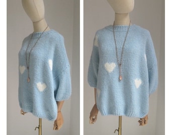 Kurzarm Pullover babyblau mit weissen Herzen Mohair Wollpullover oversize GR: 38-44