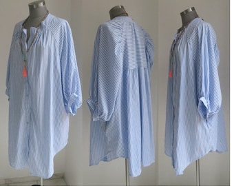 Poplin shirt blouse blue striped, long cotton shirt with new shoulder and back section Unisize here 38-44