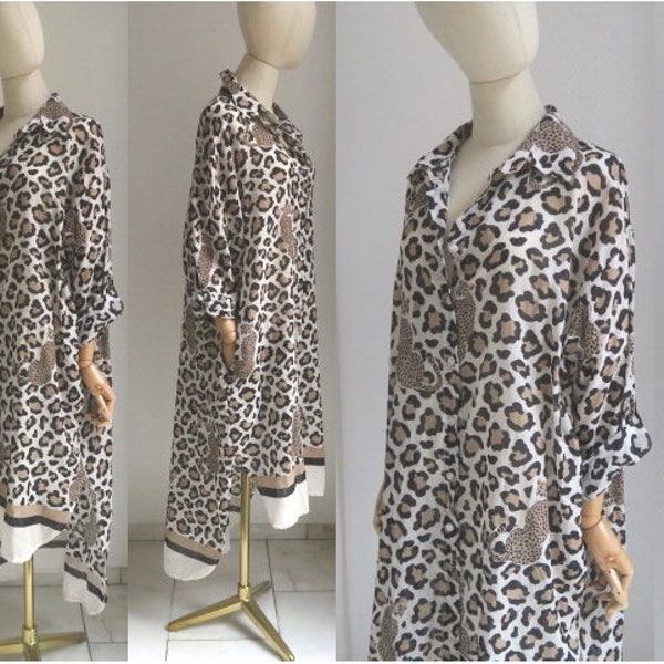 Leo Hemdbluse Kleid mit Taschen hauchdünnes Cotton wadenlang unisize Premium Collection