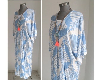 Boho maxi jurk blauw witte lange kaftan strandjurk avondjurk trouwjurk dames in één maat