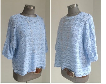 Cotton crochet sweater in baby blue, 3/4 arm length in unisize