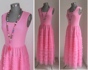 Tulle dress with tank top tiered skirt in pink with maxi skirt made of flounces, tiered ladies TUTUROCK size 38-40