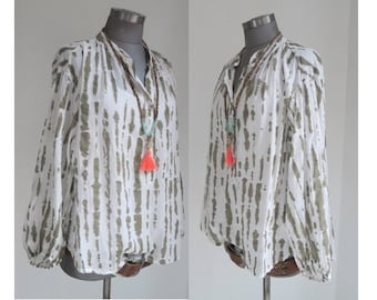 Batik cotton tunic blouse tie dye shirt blouse green white in one size