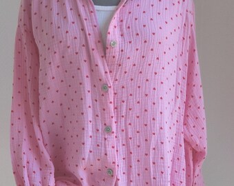 Muslin shirt blouse pink with red hearts short polka dot blouse muslin fabric, shirt structured pattern cotton one size here 38-44