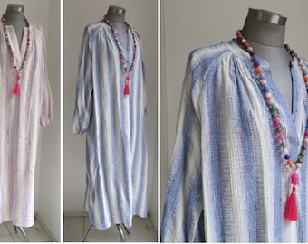 Woven cotton kaftan dress with web stripes made of cotton maxi dress structured pattern blue cream one size