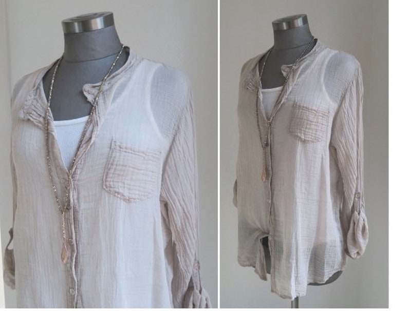 verwaschene transparente hemdbluse cotton, baumwollhemd hauchdünn lässig, roll-up-sleeve damen hemd brusttasche schlammbeige Bild 3
