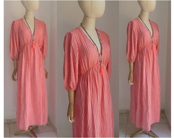 Zomerjurk, gestreepte mousseline maxi-jurk katoen roze oranje van mousseline stof, midi-jurk met structuurpatroon double gauze 36-40