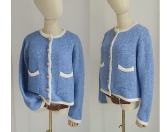 cropped Cardigan kurz mit Knöpfen & Taschen blau weiss Wollstrickjacke Damen unisize