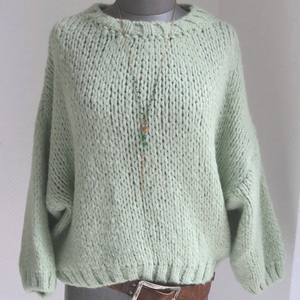 chunky knit pulli mint grüner rundhalspullover mohair oversized damen dicker strick weit lässig ballonärmel