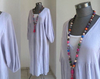 Kaftan muslin maxi dress cotton lilac light purple made of muslin fabric, midi dress with structured pattern double gauze 38-40