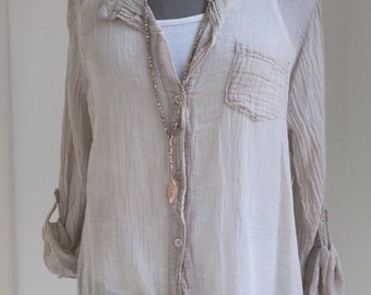 vervaagd transparant overhemd blouse katoen, katoenen overhemd flinterdun casual, oprolmouwen damesoverhemd borstzak modderbeige