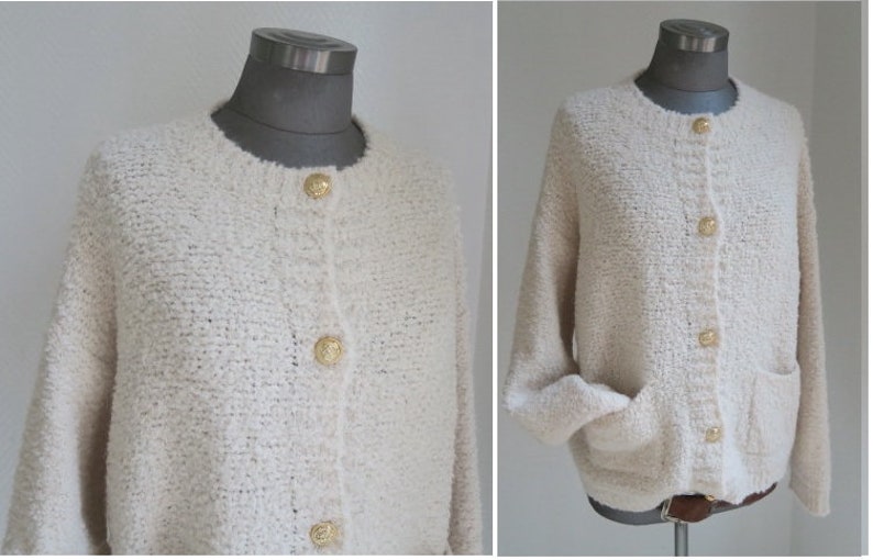 bouclé cardigan pulli mohair wolle grobstrickjacke mit Goldknöpfe & Taschen wollweiss GR: 36-42 Bild 4